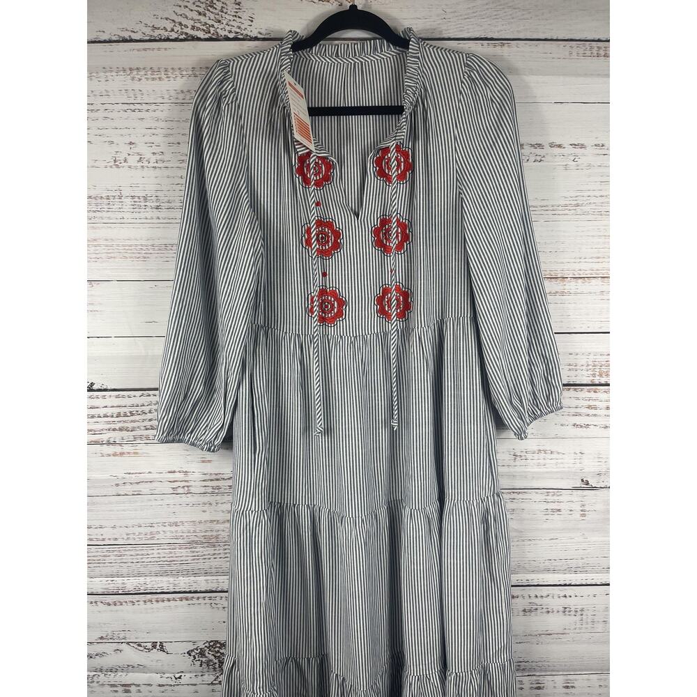 New Collection Dress Womens Small Blue Stripe Embroidered Floral Boho Swing Maxi - Picture 2 of 10